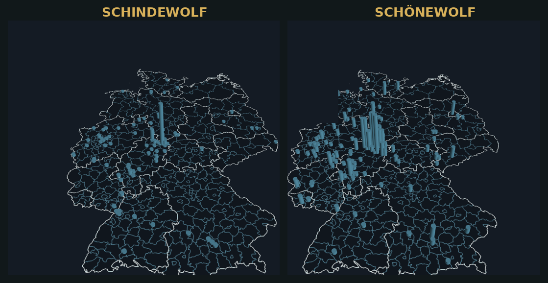 Geogen-Verbreitungskarten Deutschland: Schindewolf und Schönewolf, beide mit extremem Namens-Cluster in Nordhessen/Hessen