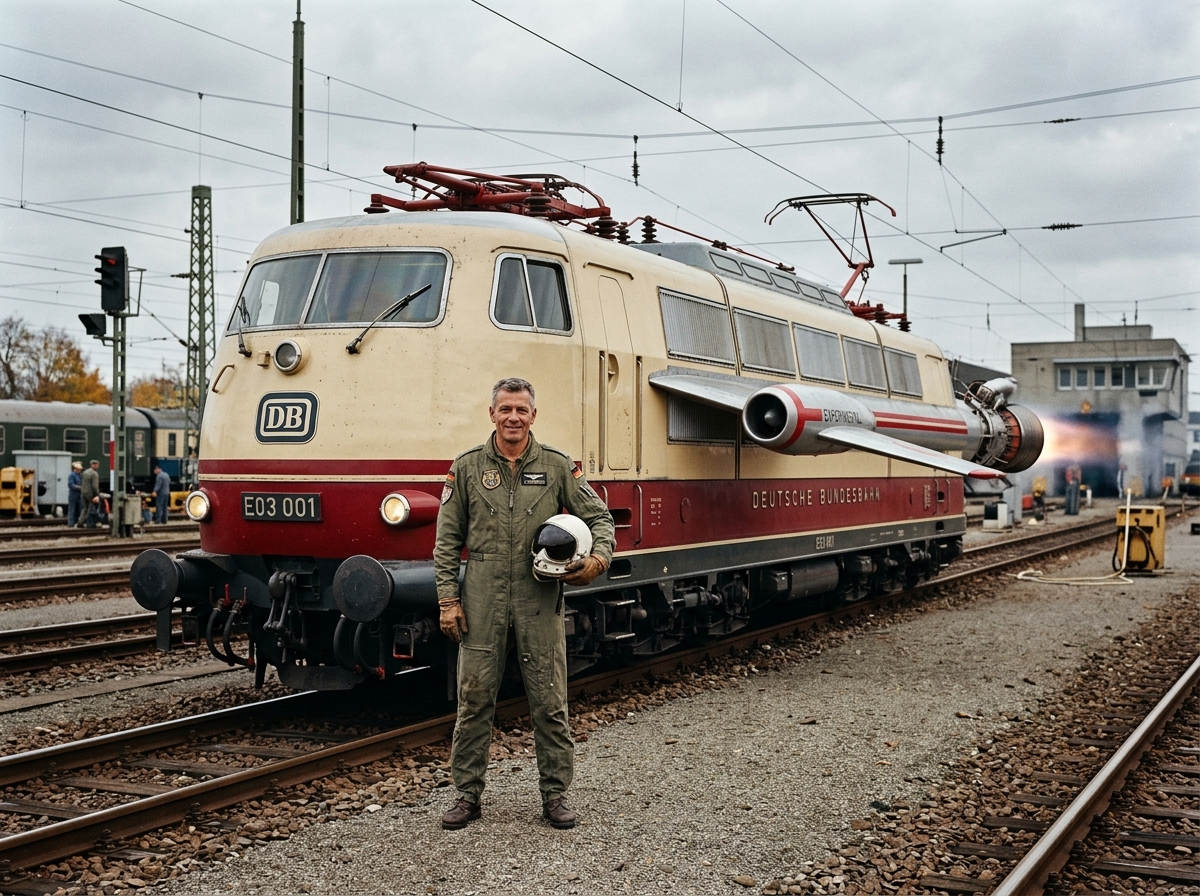 Dieter Schindewolf am Gleis mit dem Schienen-Starfighter 103-F