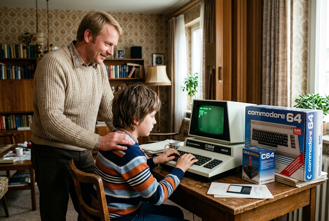 Frank an dem von Horst gebrachten Commodore CBM Rechner