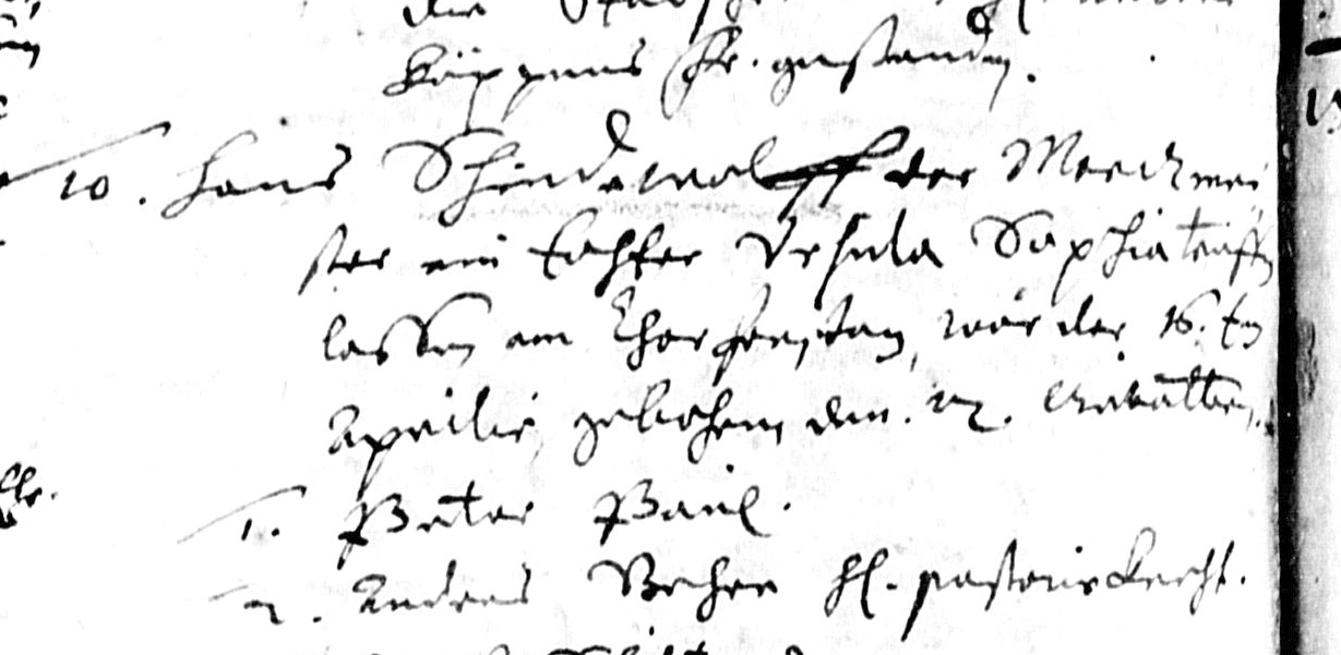 Kirchenbuch-Eintrag Möckern 1652: Taufe der Ursula Sophia, Tochter des Hans Schindewolf, Marckmeister