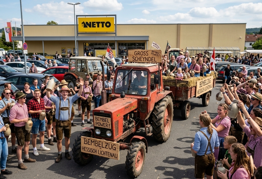 Bembelzug: Einzug auf dem Netto-Parkplatz mit Belarus-Schleppern