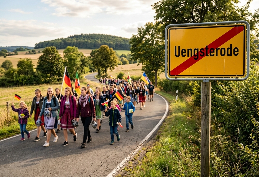 Bembelzug: Vorbeimarsch am Ortsausgangsschild Uengsterode