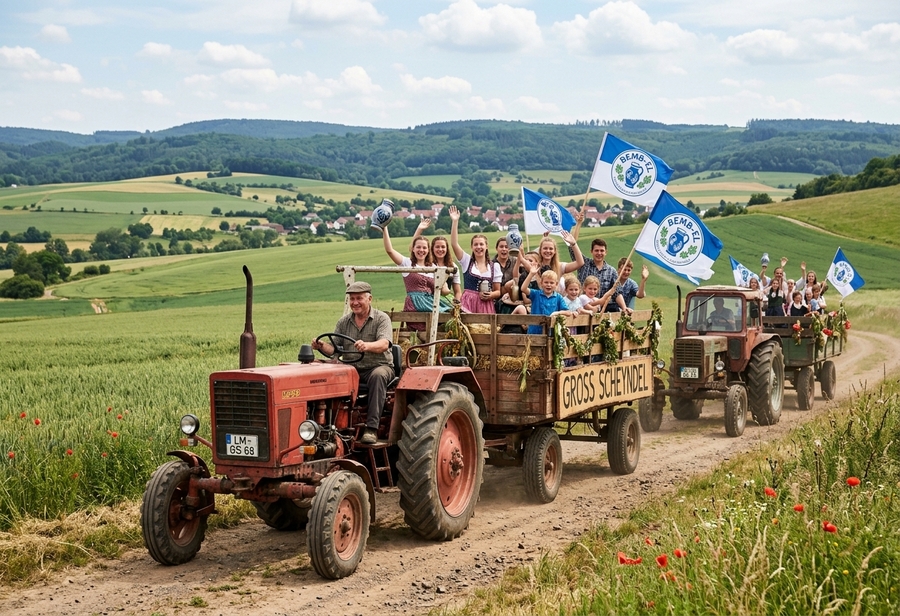 Bembelzug: Kolonne von Belarus-Traktoren mit Gross-Scheyndel-Bannern