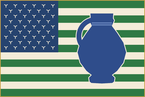 Staatsflagge von Bemb-El im Stars-and-Stripes-Stil: blaues Canton mit 50 Ypsilon-Kraehenfuessen statt Sternen und ein klassischer blauer Bembel auf den Streifen